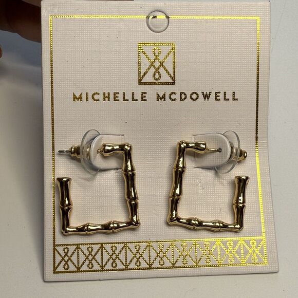 Michelle McDowell Gold Tone Bamboo Shape Metal Square Hoop Earrings New - Picture 1 of 6
